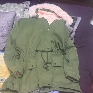 Green Parka with Pink Lining